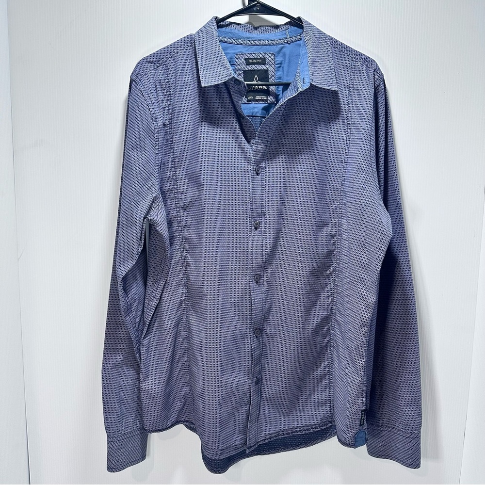 Prana Shirt Men’s Large‎ Slim Fit Button Up Long Sleeve Organic Cotton Blue